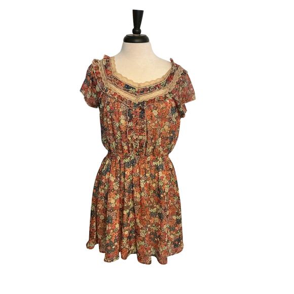 American Rag Cie Boho Brown Floral Lace Ruffle Short Sleeve Mini Dress Sz M - Picture 1 of 11
